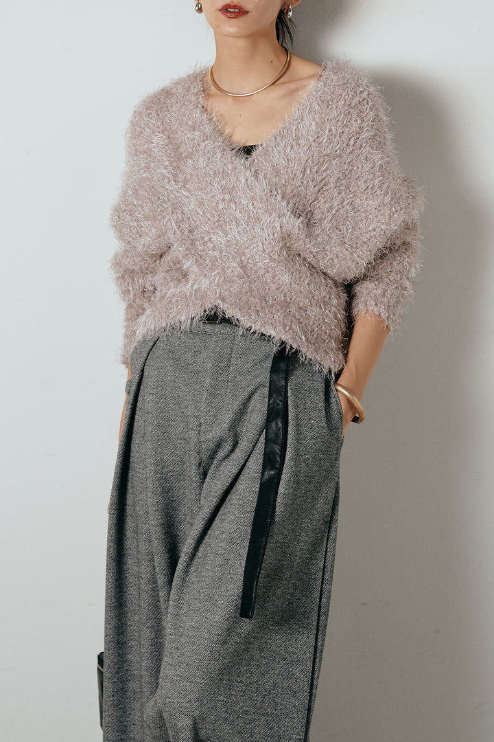 [SET]シャギークロスニットトップス+細ベルト付き起毛タックワイドパンツ(2set)