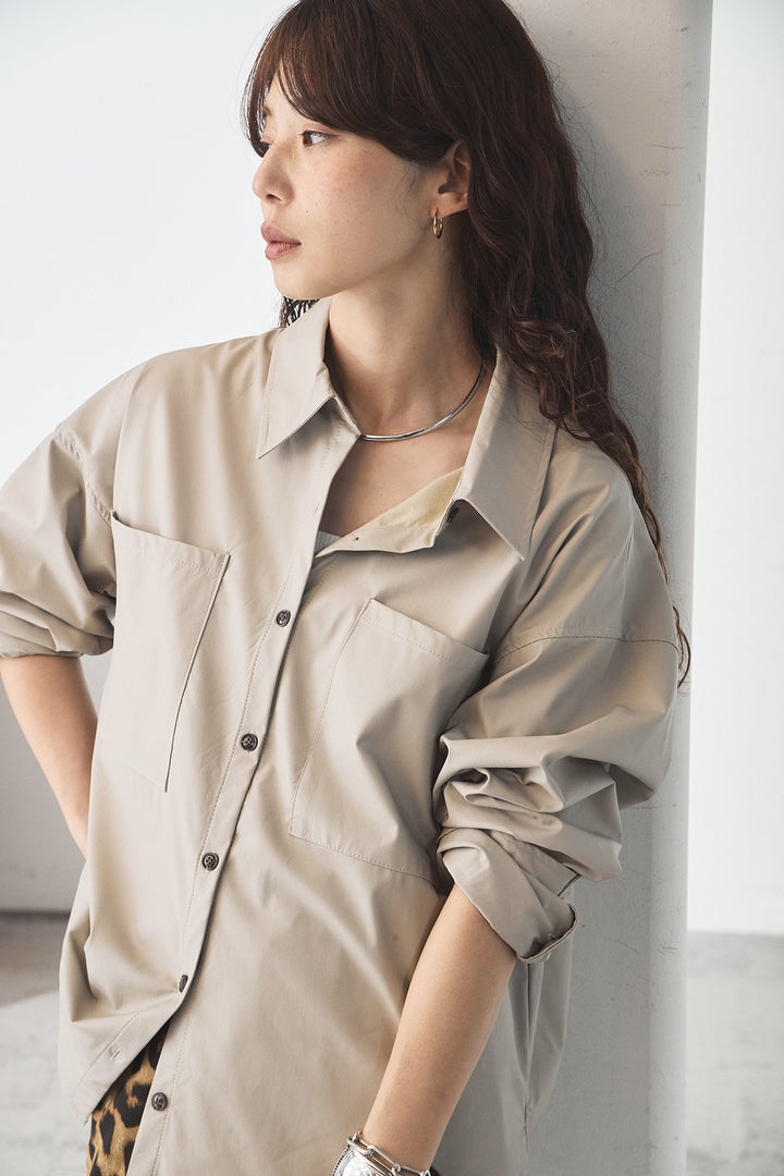 [SET]ウォッシャブルエコレザービックカフスシャツ+レオパードサテンナロースカート(2set)