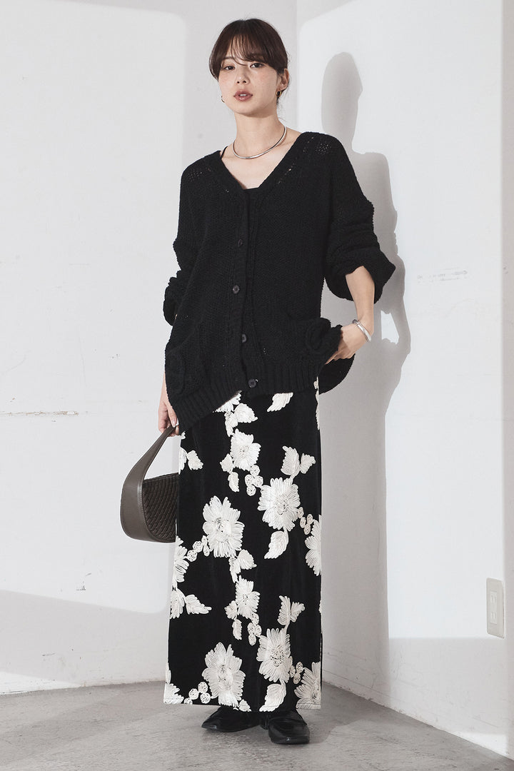 [SET]コード刺繍リラックスニットカーディガン+フラワー刺繍ワイドスカート(2set)