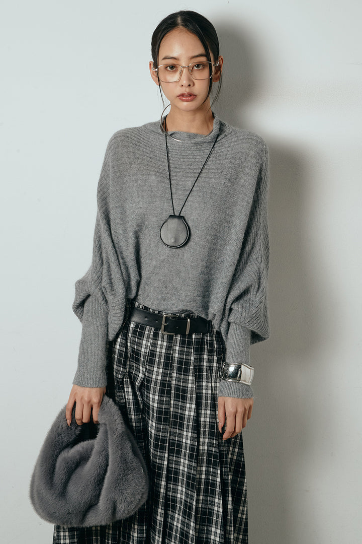 [SET]ポンチョシルエット透かしニットトップス+ベルト付きタータンチェックプリーツスカート(2set)