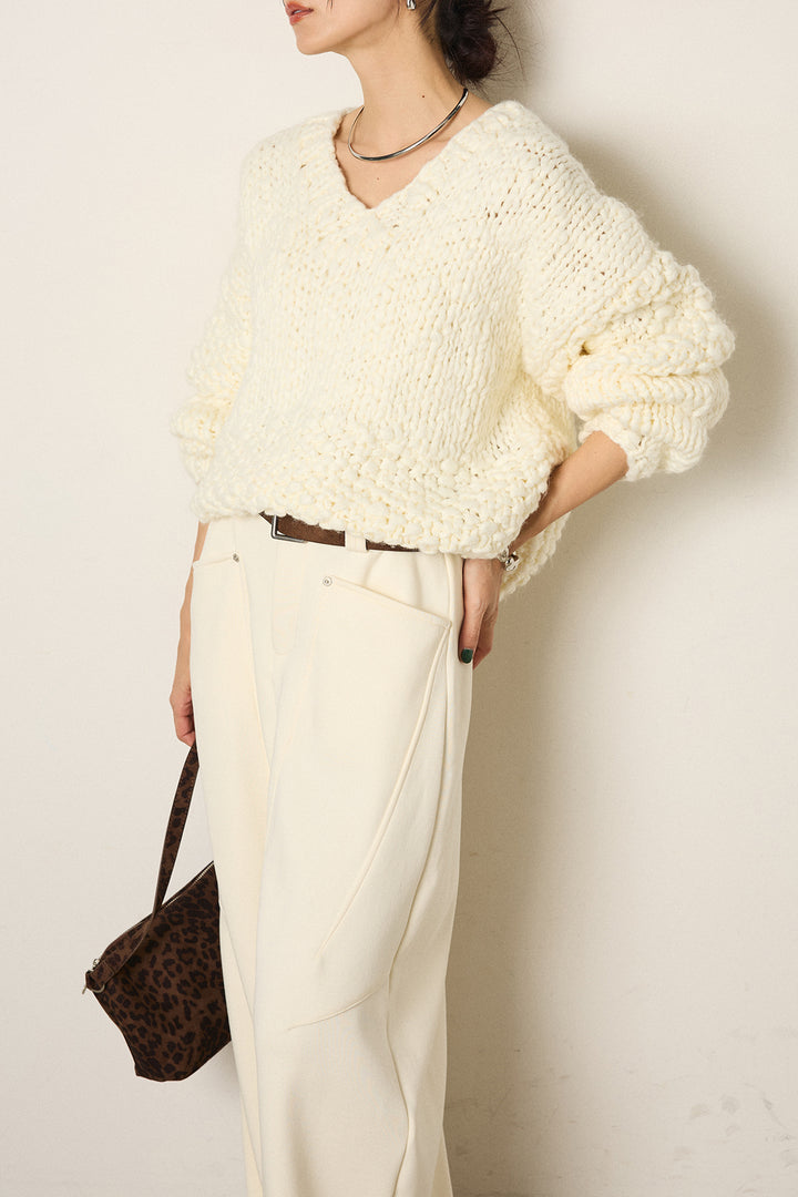 [SET]Vネックハンド編みニットトップス+太ベルト付きスウェットワイドカーブパンツ(2set)