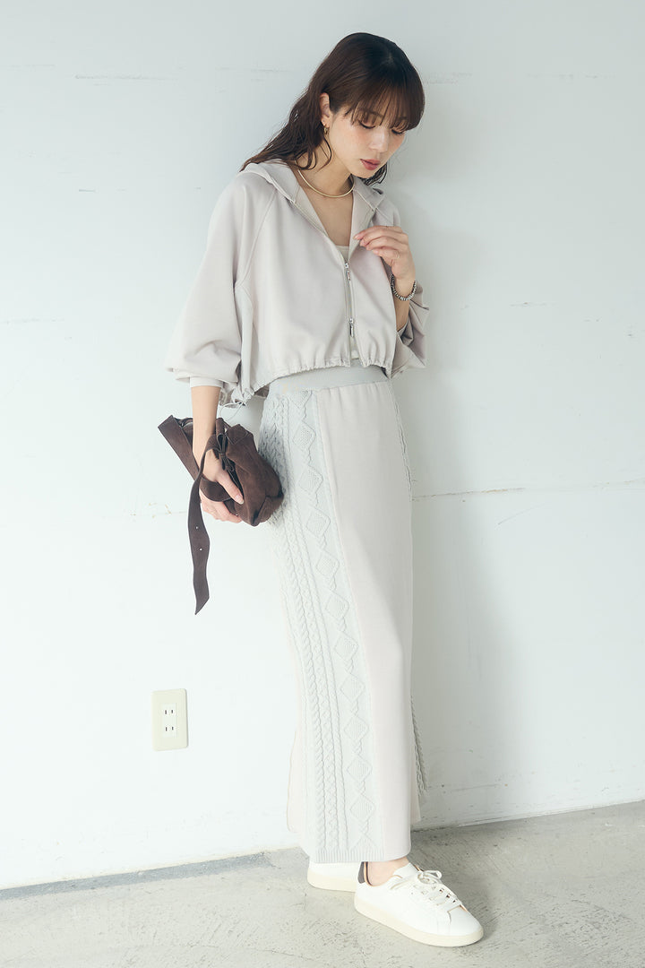 [SET]ドルマンショートフーディー+異素材ドッキングケーブルニットスカート(2set)