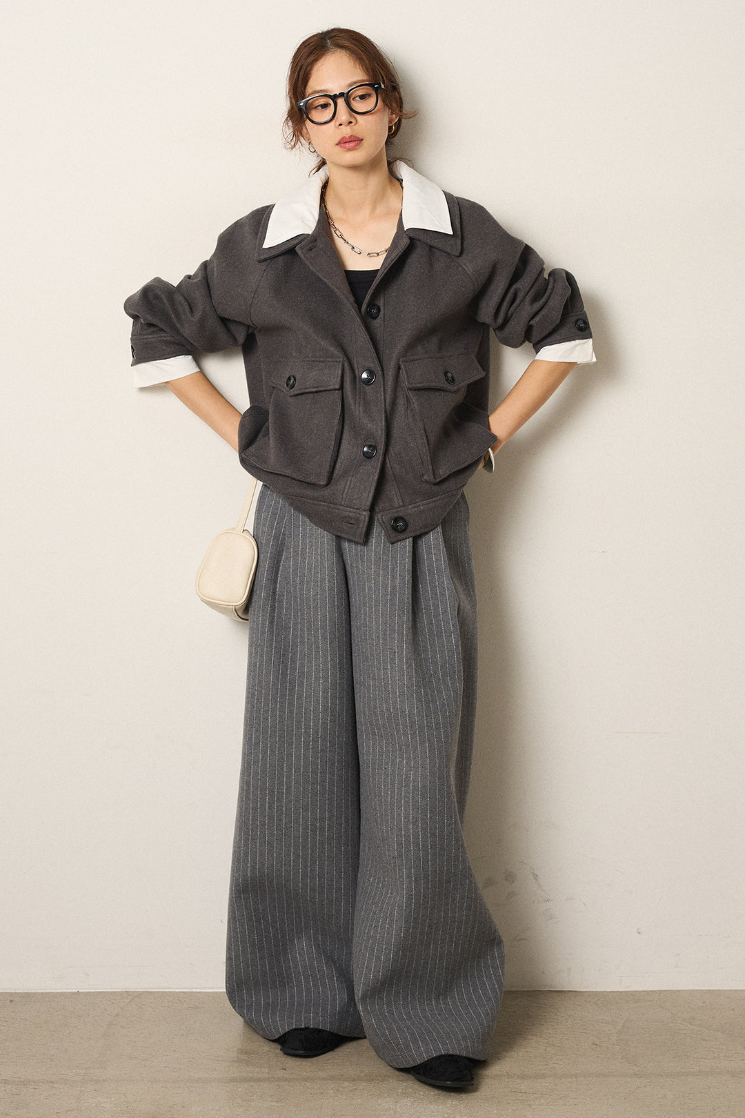 [SET]衿レイヤードフェイクウールジャケット+ウールライクストライプパンツ(2set)