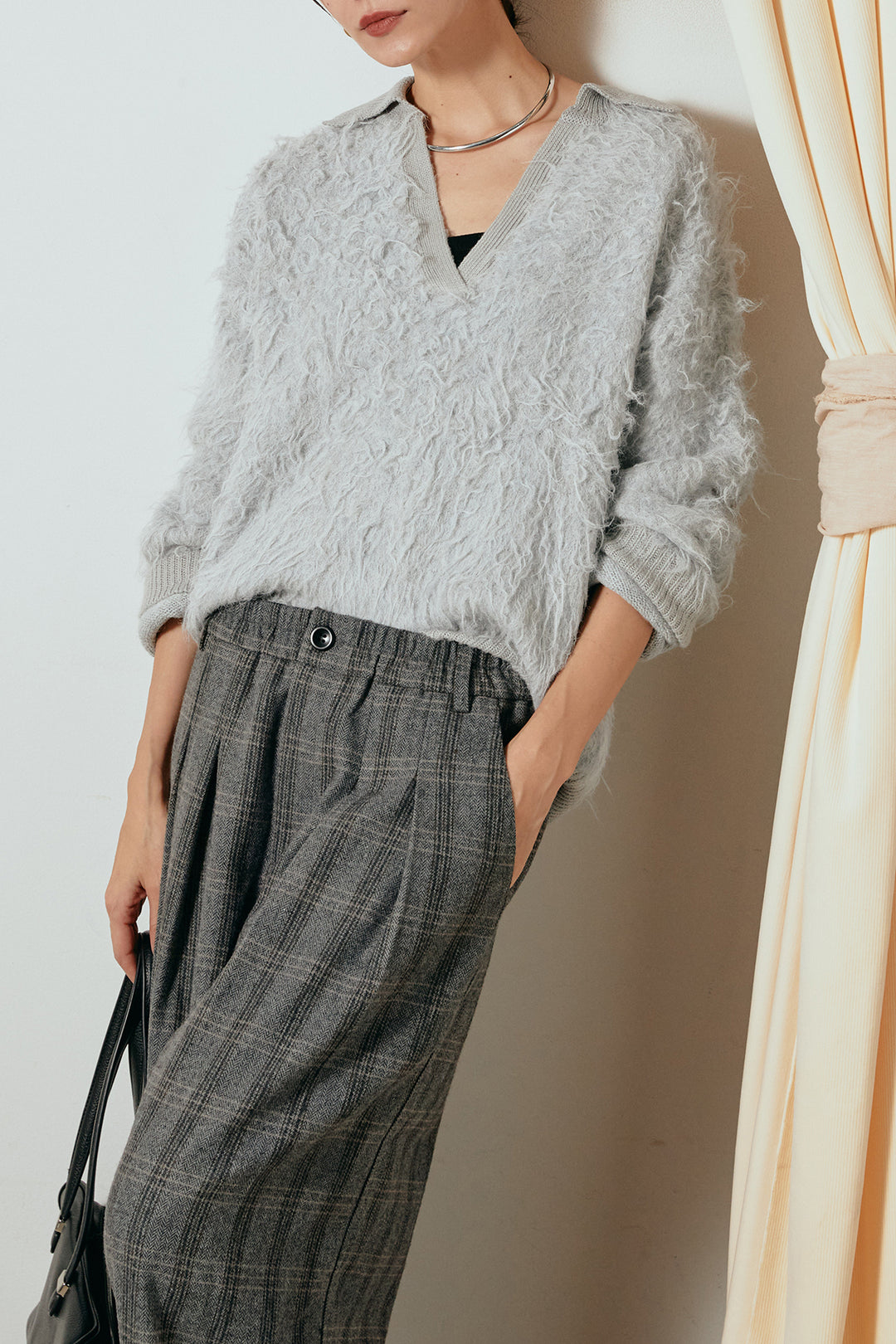 [SET]襟付きシャギーニットポロトップス+タータンチェック柄タックパンツ(2set)