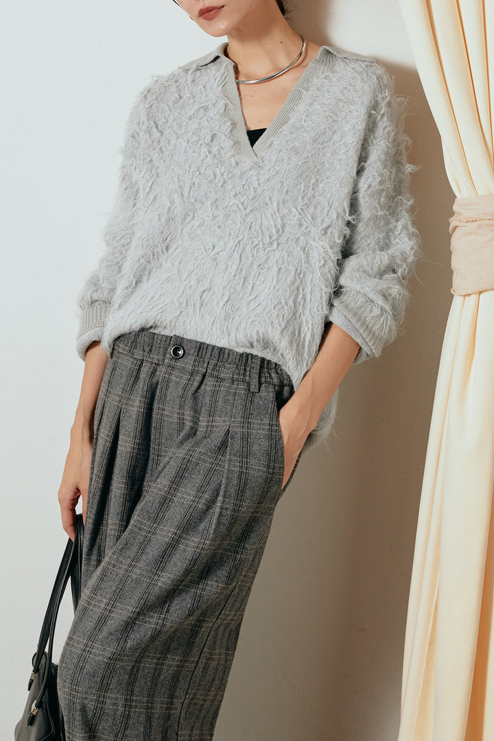 [SET]襟付きシャギーニットポロトップス+タータンチェック柄タックパンツ(2set)