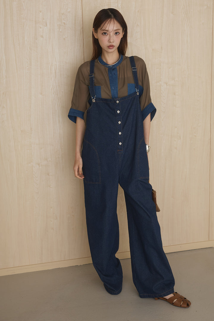 [SET]デニムライクビッグツーポケシアーシャツ+フロントボタンデニムサロペット(2set)