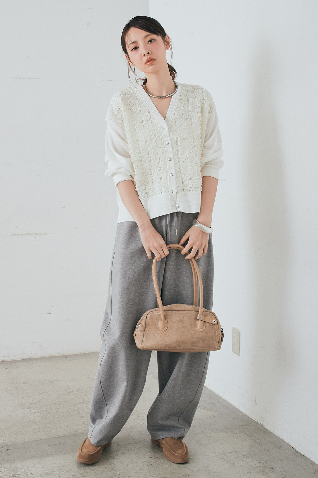 [SET]モコレースVネックカーディガン+カットダンボールウエストフリルカーブパンツ(2set)