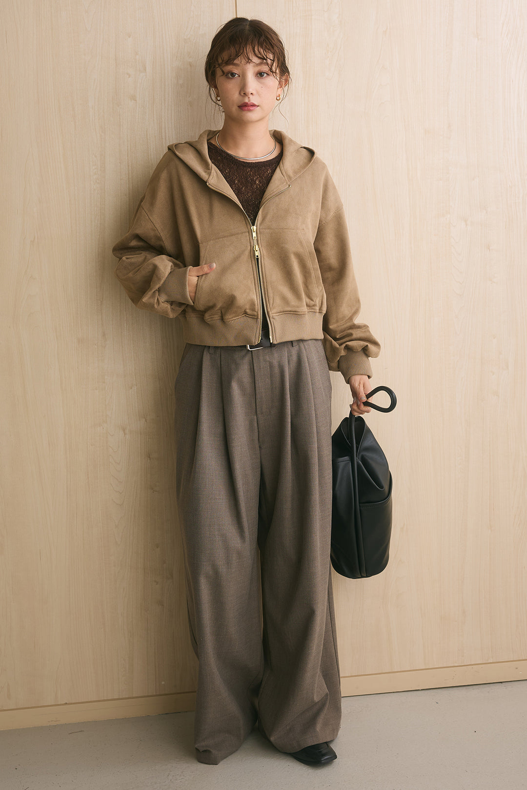 [SET]スエードポンチダブルジップショート丈パーカー+ウエストベルトデザインパンツ(2set)