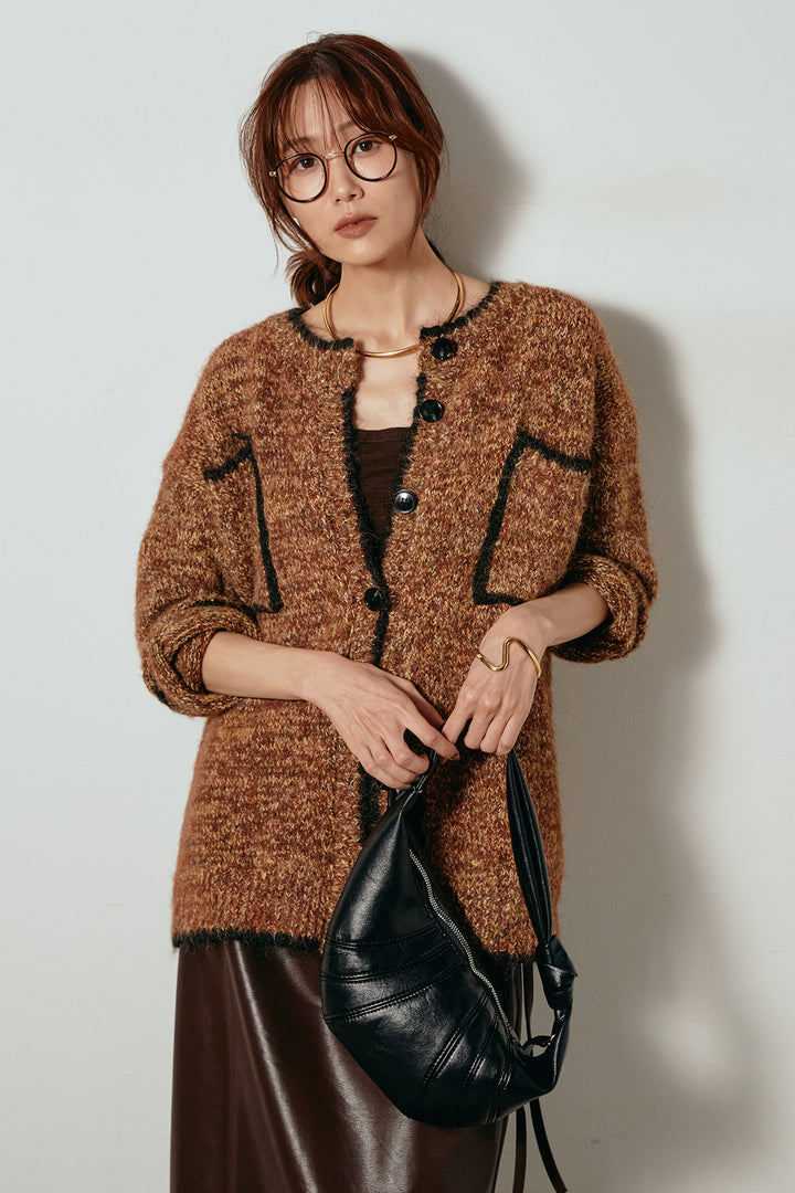 [SET]ミックスニットポケットカーディガン+紐付きフェイクレザーワイドスカート(2set)