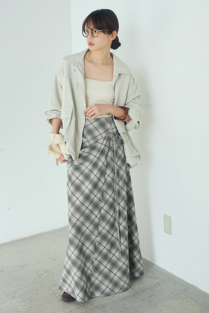[SET]合繊ツイルバルーンジャケット+タータンチェック柄フロントデザインスカート(2set)