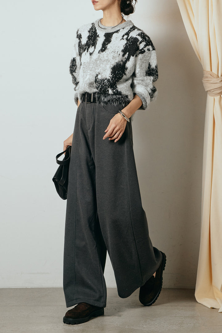 [SET]起毛ニュアンス柄ニットプルオーバー+ファーベルト付きワイドパンツ(2set)