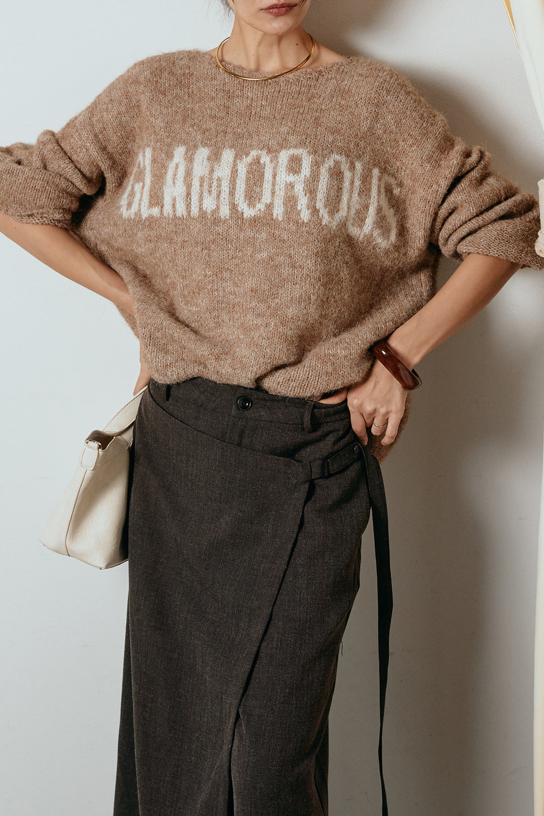 [SET]フロントロゴデザインニットトップス+ラップ巻きワイドスラックス(2set)