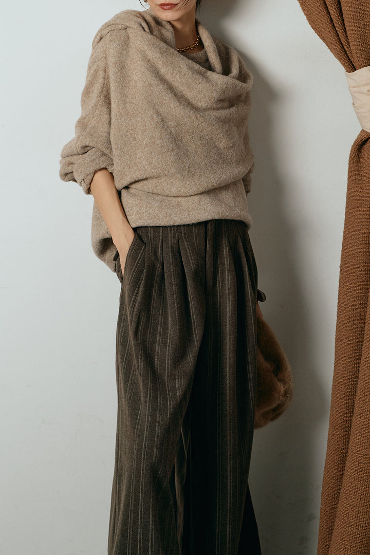 [SET]ネック巻きデザインニットトップス+タック入りマルチストライプ柄ワイドパンツ(2set)