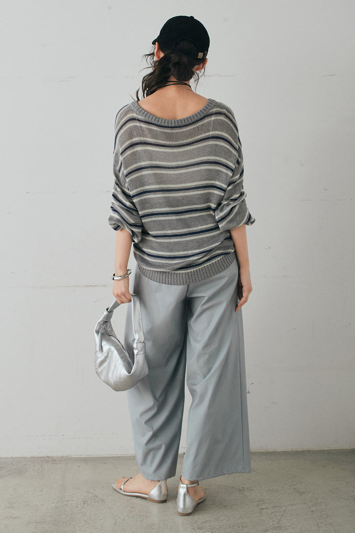 [SET]綿タッチVネックボーダートップス+ウォッシャブルエコレザータックパンツ(2set)