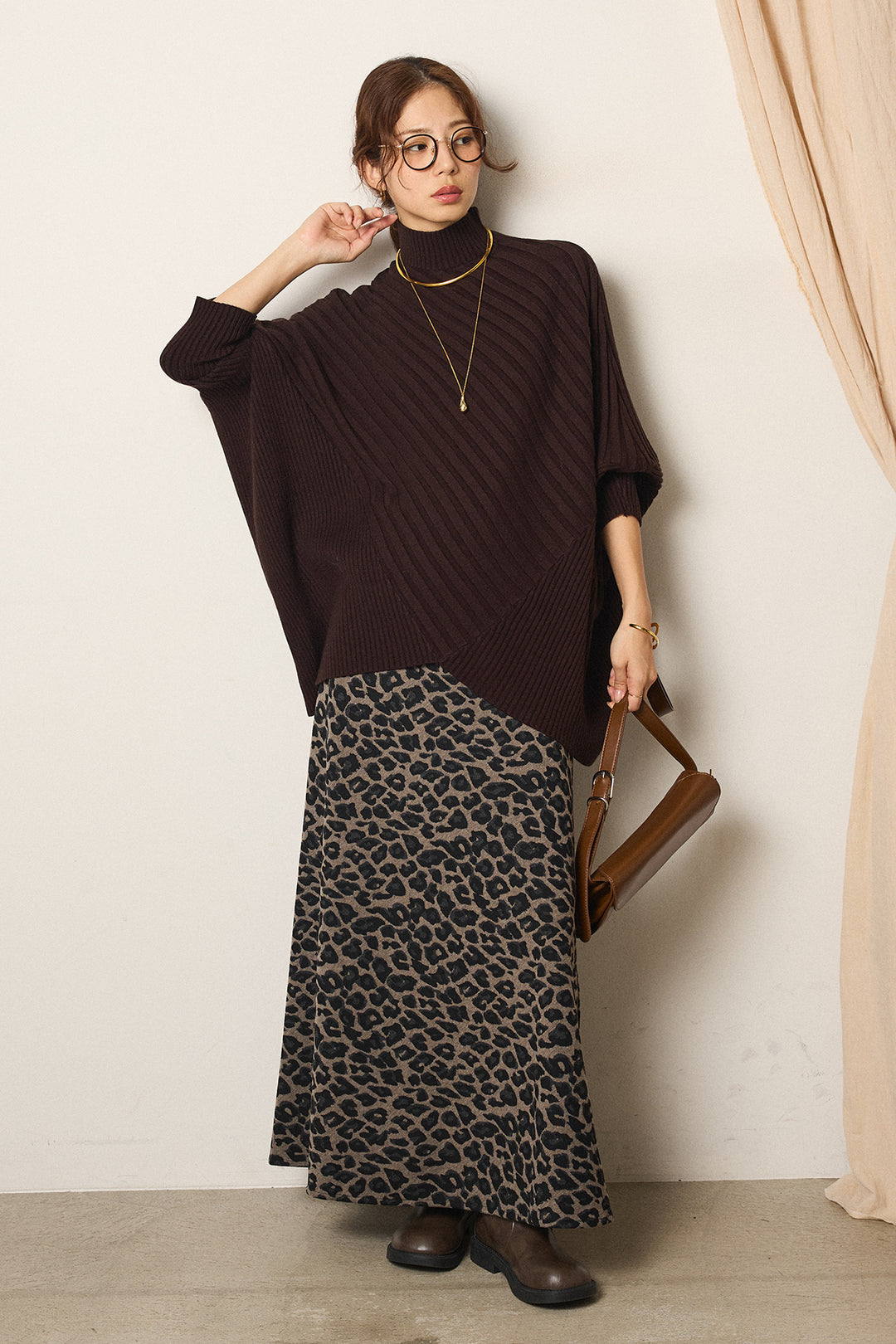 [SET]アシメデザインリブポンチョニットトップス+レオパードロングスカート(2set)