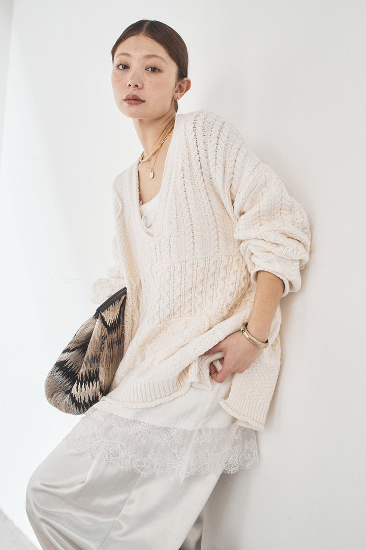 [SET]ケーブルVニットセーター+サテンタックワイドパンツ(2set)