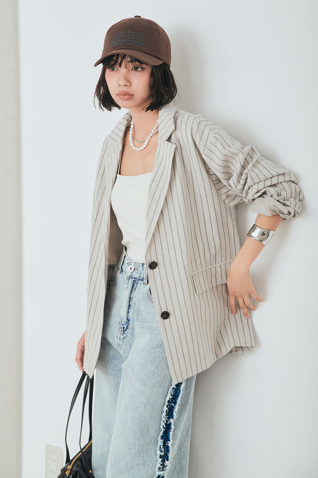 [SET]リネンライクストライプテーラードジャケット+デニムサイドフリルパンツ(2set)