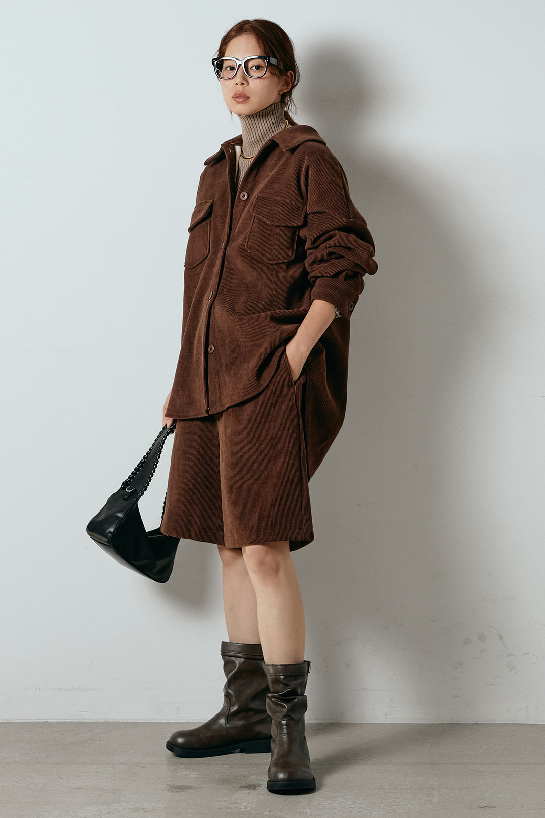 [SET]襟付きコーデュロイポケットシャツ+リラックスコーデュロイハーフパンツ(2set)