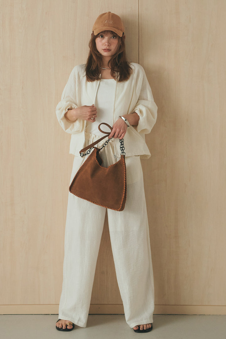 [SET]麻混ノーカラーブルゾン+麻混ウエストドロストパンツ(2set)