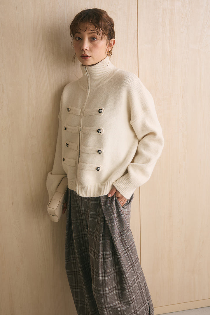[SET]ナポレオンボタンハイネックニットブルゾン+ブリティッシュチェックバレルパンツ(2set)