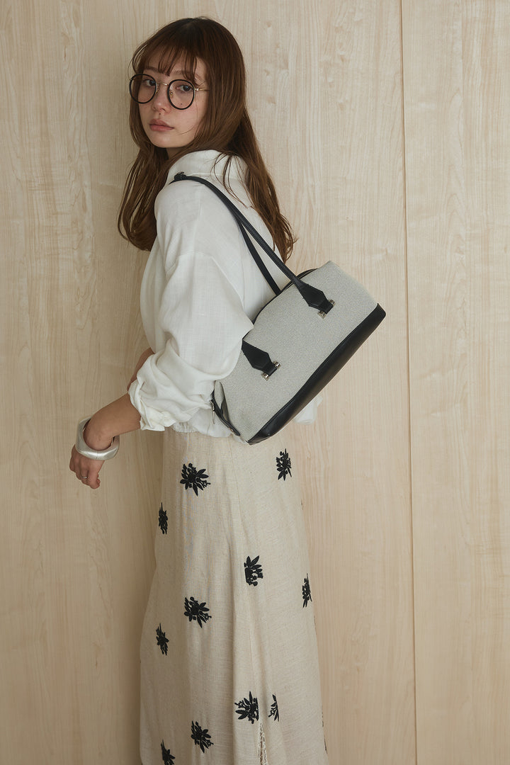 [SET]麻混襟付きトップス+レースコンビフラワー刺繍柄スカート(2set)