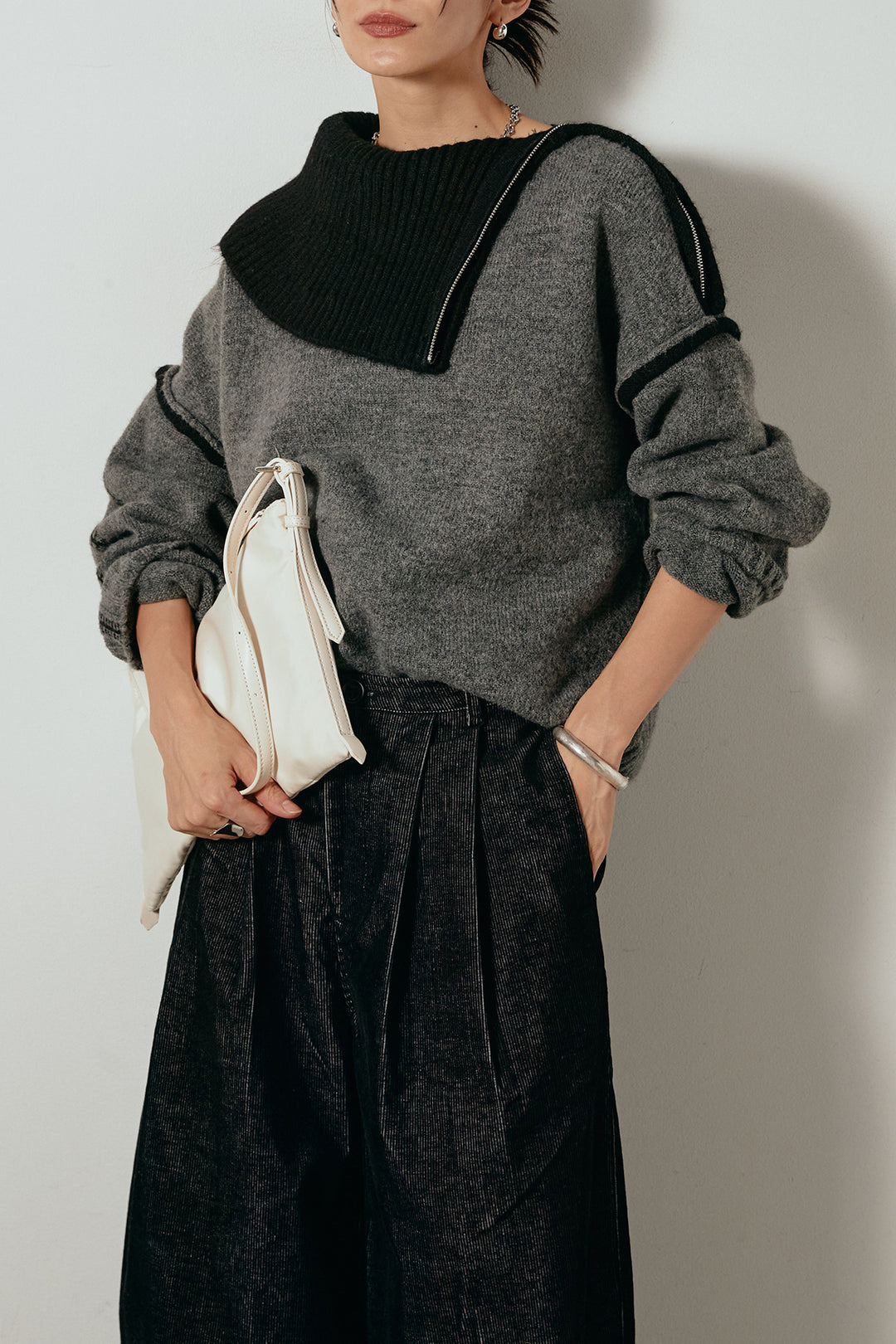 [SET]ハイネックジップデザインニットトップス+フロントタック入りコーデュロイパンツ(2set)