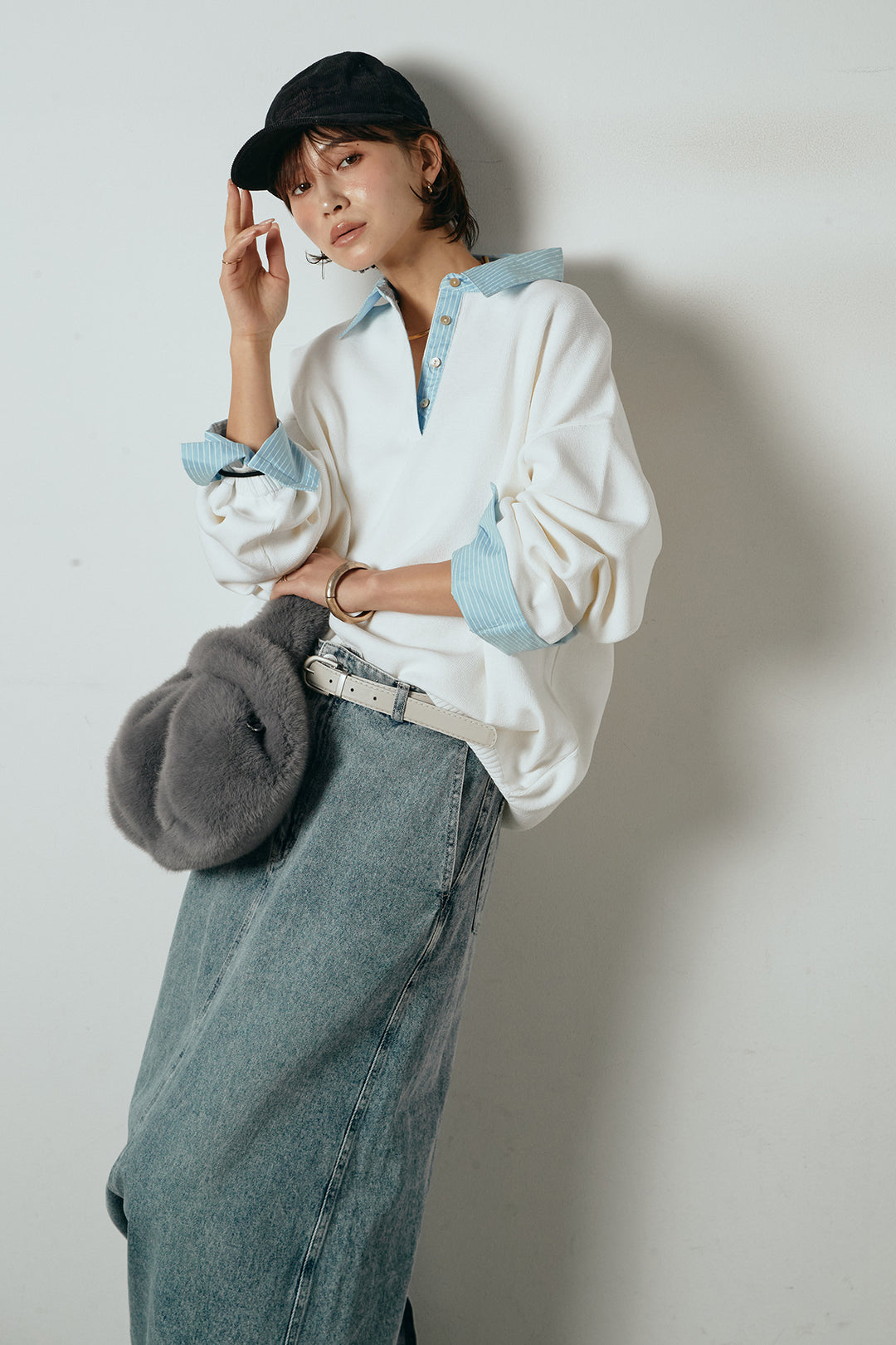 [SET]ストライプシャツドッキングポロトップス+デニムロングフレアスカート(2set)