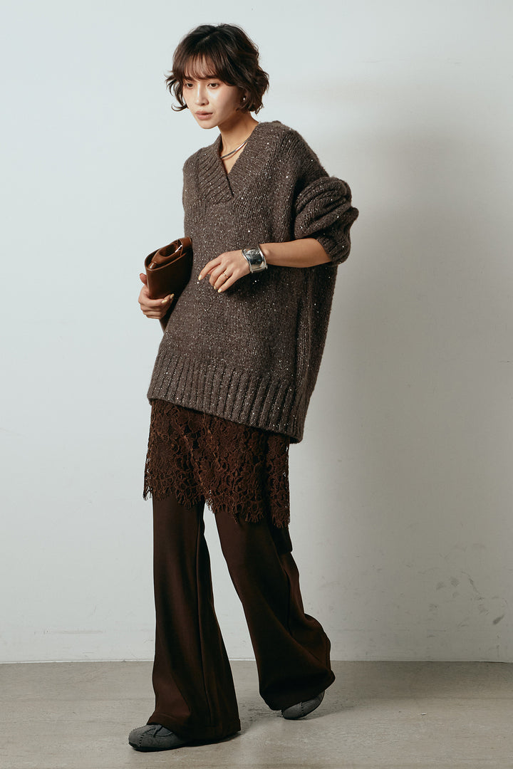 [SET]Vネックラメニットトップス+レース刺繍レイヤードフレアパンツ(2set)