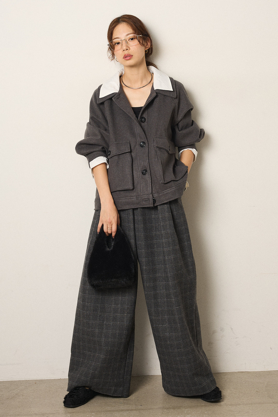 [SET]衿レイヤードフェイクウールジャケット+ウールライクチェックタックパンツ(2set)