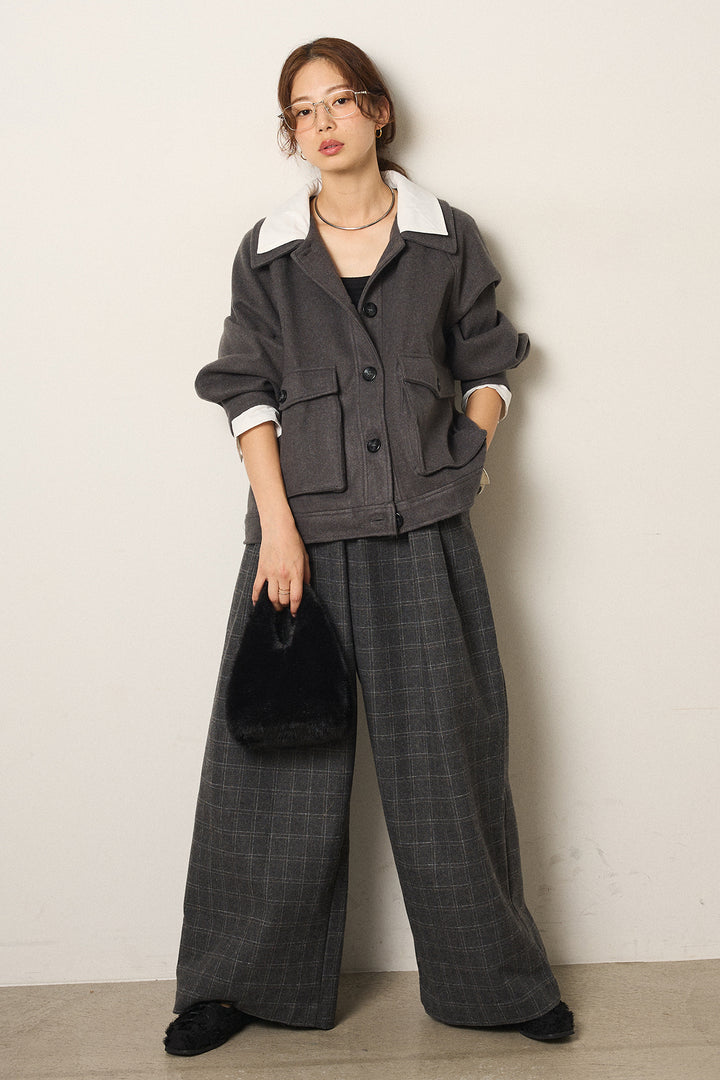 [SET]衿レイヤードフェイクウールジャケット+ウールライクチェックタックパンツ(2set)