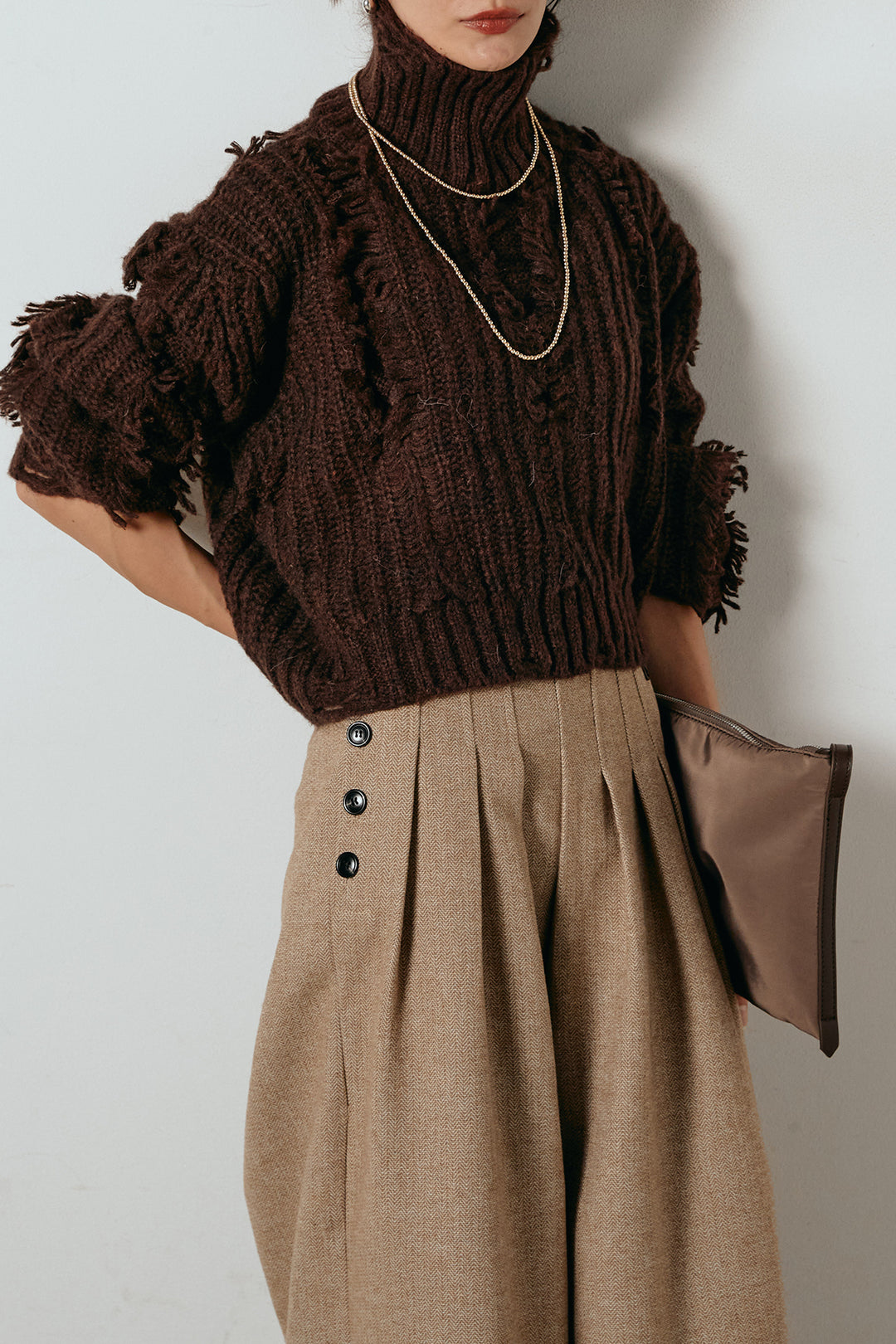 [SET]フリンジタートルショートニット+サイドボタンツイードタックパンツ(2set)