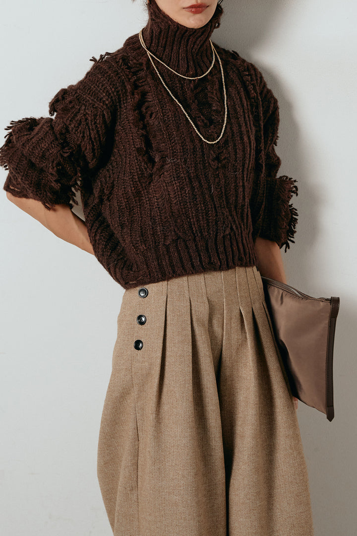 [SET]フリンジタートルショートニット+サイドボタンツイードタックパンツ(2set)
