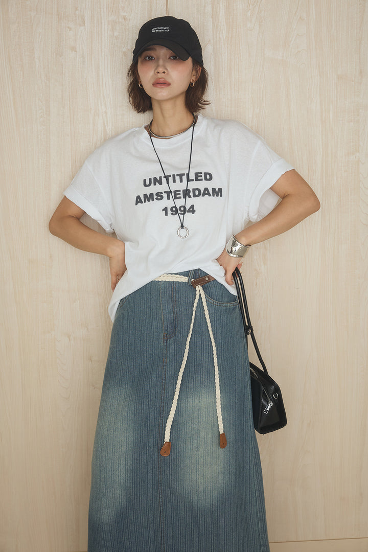 [SET]英字フロントロゴプリントTシャツ+ベルト付きデニムタイトスカート(2set)