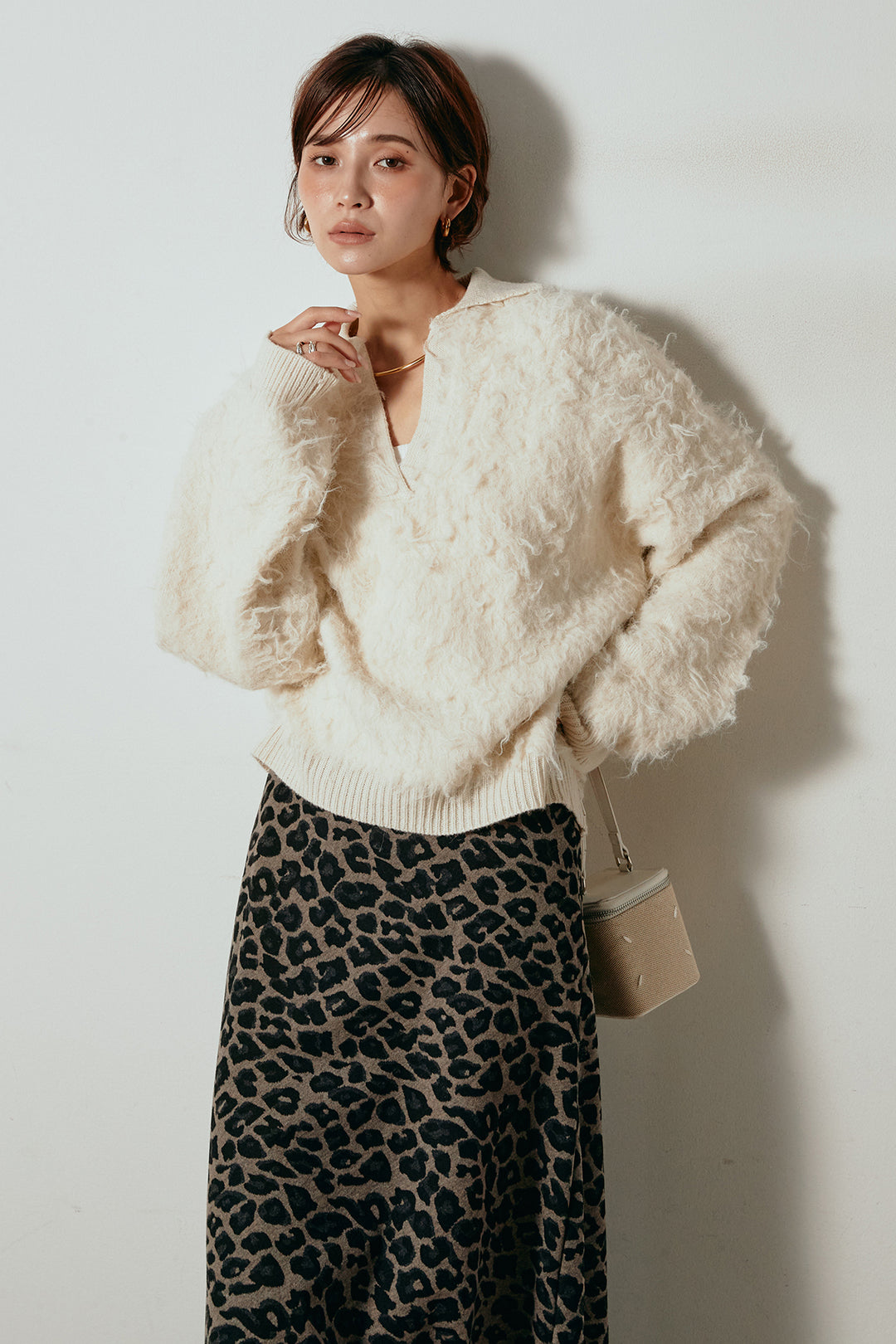 [SET]襟付きシャギーニットポロトップス+レオパードロングスカート(2set)