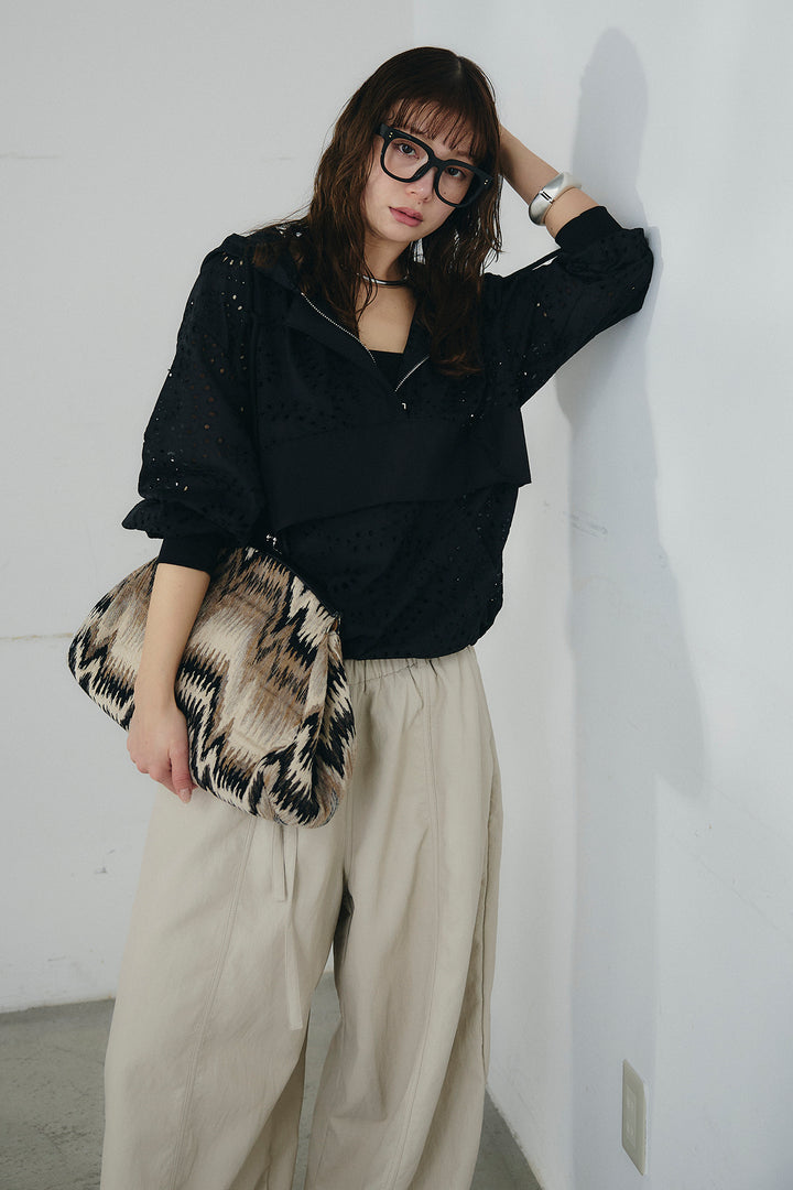 [SET]レースハーフジップアップフーディー+フェイクレザーカーブワイドパンツ(2set)