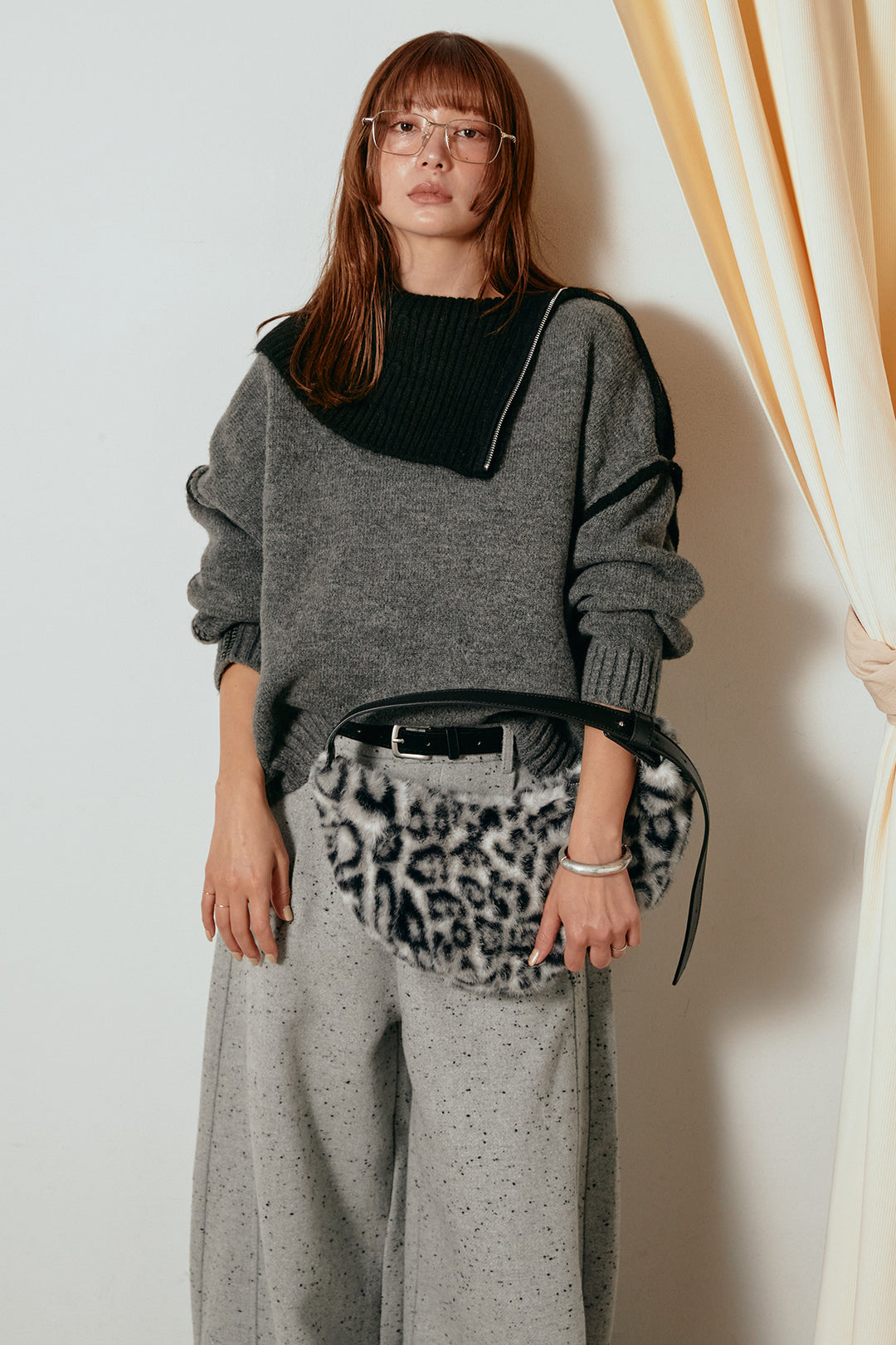 [SET]ハイネックジップデザインニットトップス+ベルト付きネップツイードカーブパンツ(2set)