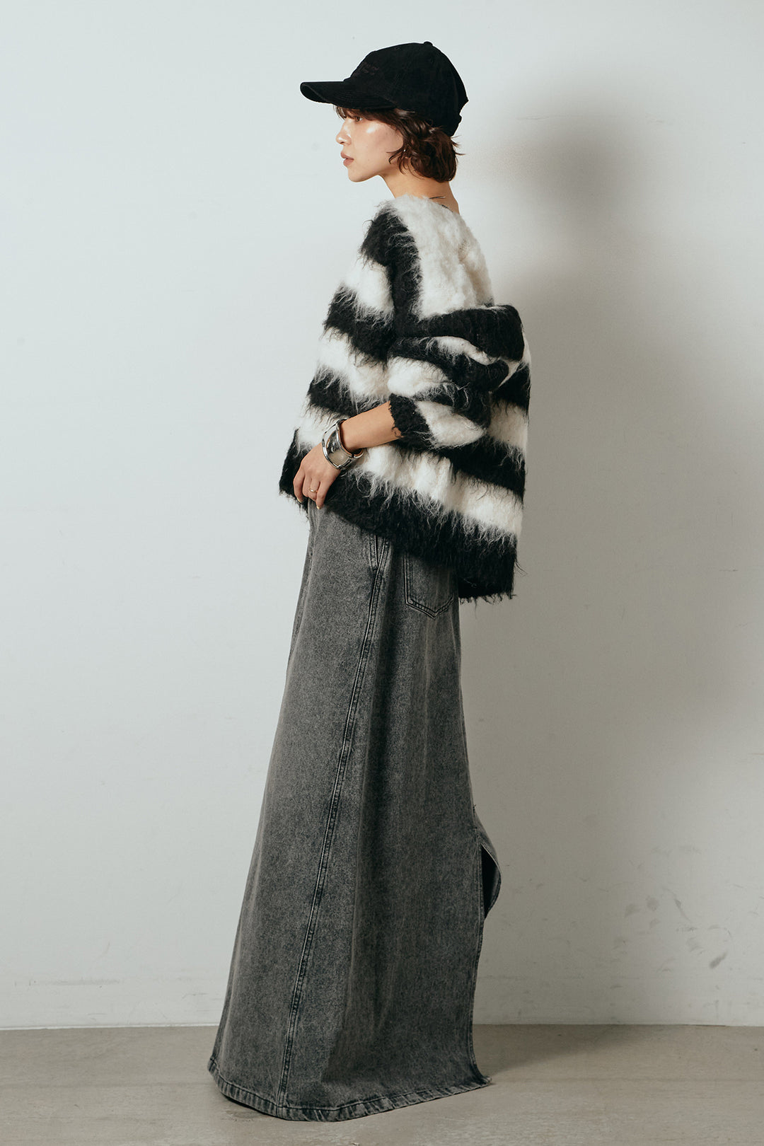 [SET]シャギーボーダー柄ニットカーディガン+デニムロングフレアスカート(2set)