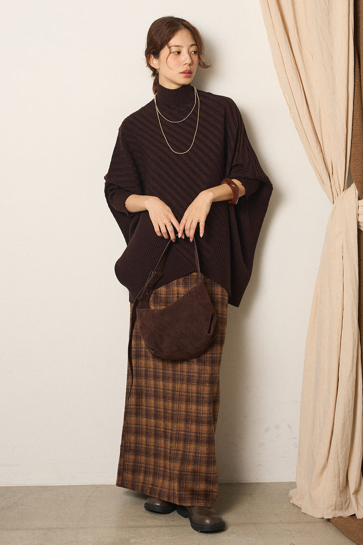 [SET]アシメデザインリブポンチョニットトップス+シャギーチェックストレートスカート(2set)
