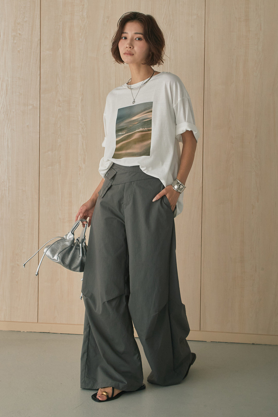 [SET]MarbleプリントTシャツ+ポケットベルト付きニーサイドタックパンツ(2set)