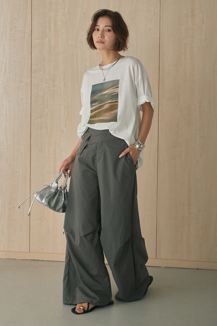 [SET]MarbleプリントTシャツ+ポケットベルト付きニーサイドタックパンツ(2set)