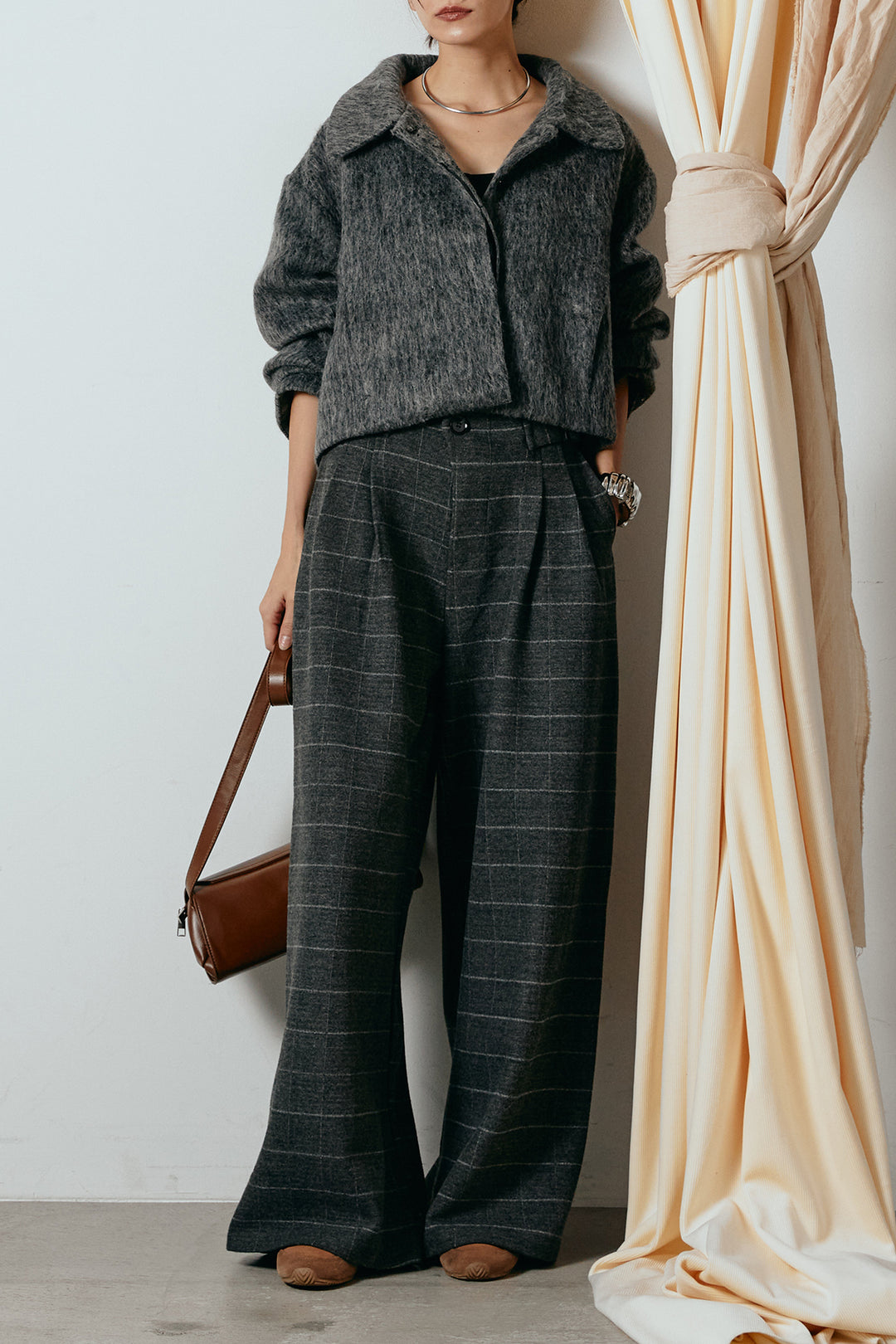 [SET]シャギーショートジャケット+スクエアチェック柄ワイドパンツ(2set)