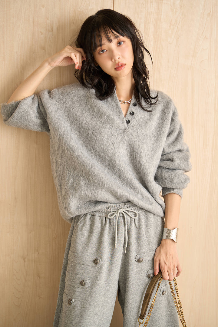 [SET]シャギーヘンリーオーバーニット+ナポレオンデザインスウェットカーブパンツ(2set)