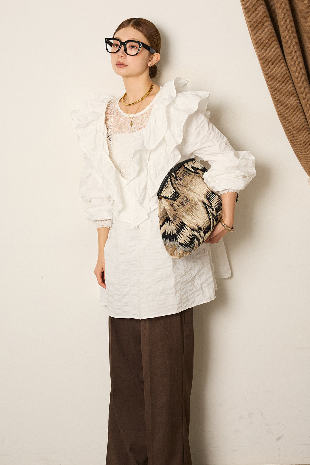 [SET]Vネックフリルカラーブラウス+ツイルスプリングカラータックパンツ(2set)