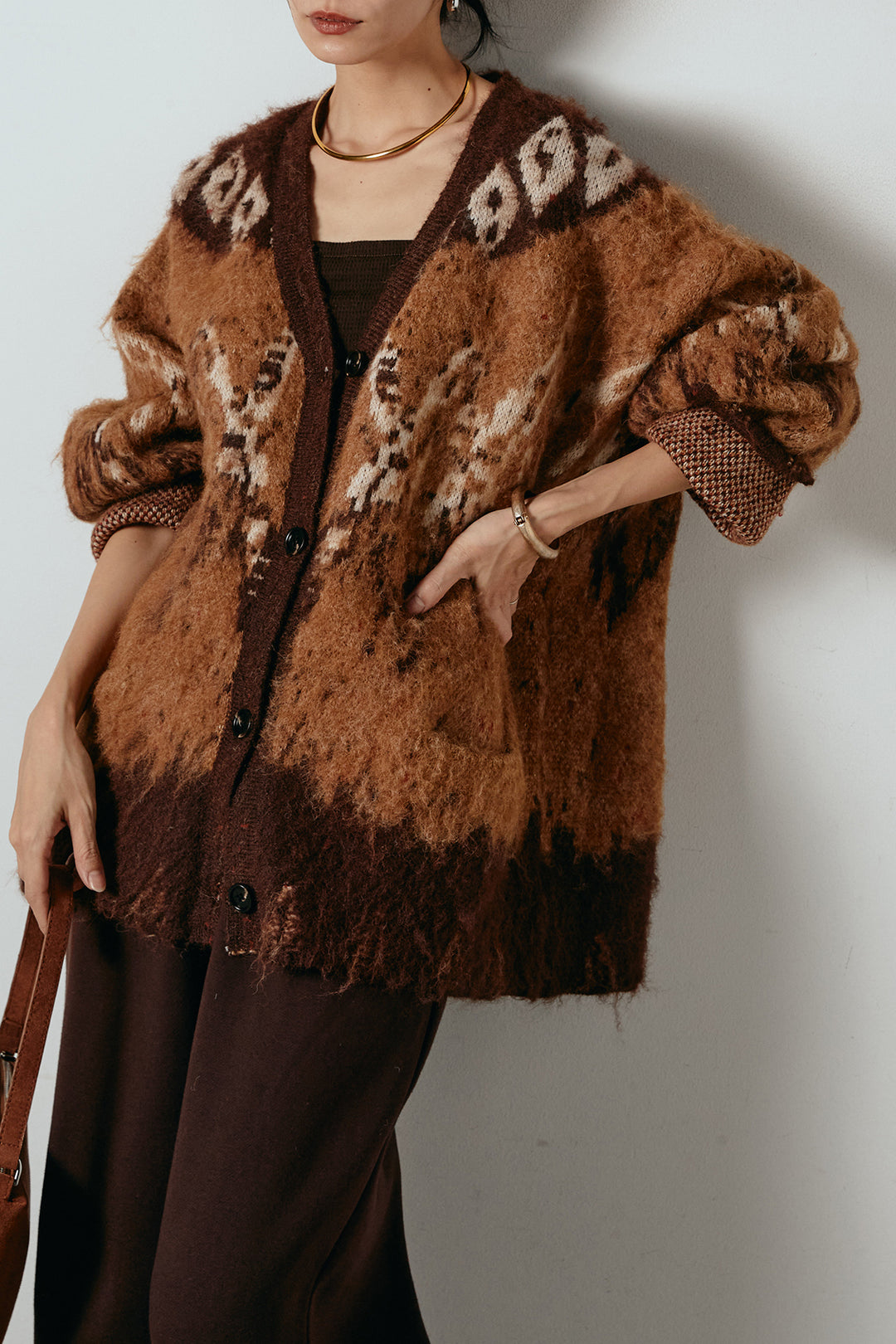 [SET]シャギーニュアンス柄ニットカーディガン+裏起毛スウェットワイドパンツ(2set)