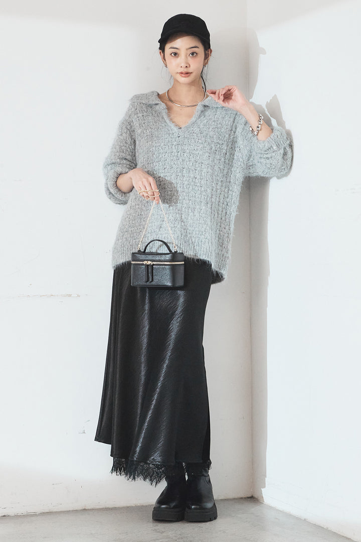 [SET]襟付きVネックニットトップス+裾レースデザインサテンスカート(2set)