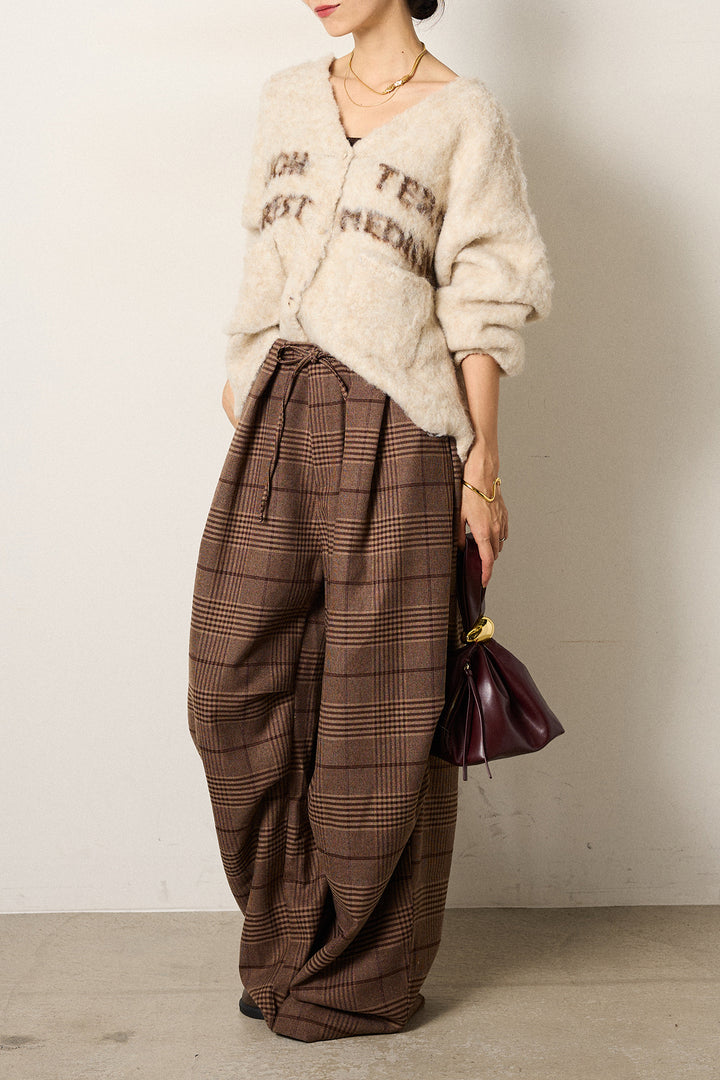 [SET]ウール混透かしロゴニットカーディガン+グレンチェックルーズタックパンツ(2set)