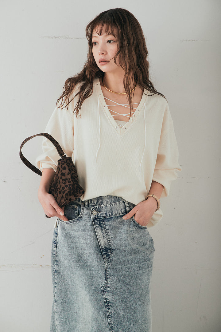 [SET]レースアップワッフルボーダートップス+ウエストクロスデニムタイトスカート(2set)