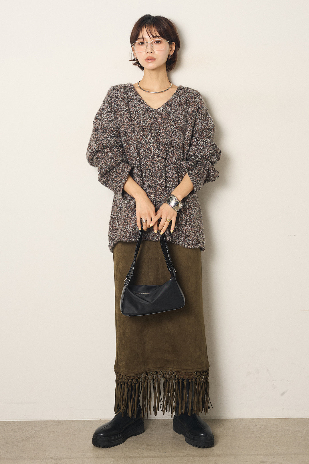 [SET]Vネックミックス編みニットトップス+スウェードライク裾フリンジスカート(2set)