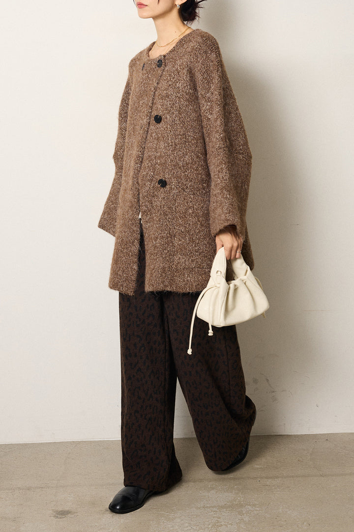 [SET]アシンメトリーボタンニットカーディガン+レオパードジャガードニットパンツ(2set)