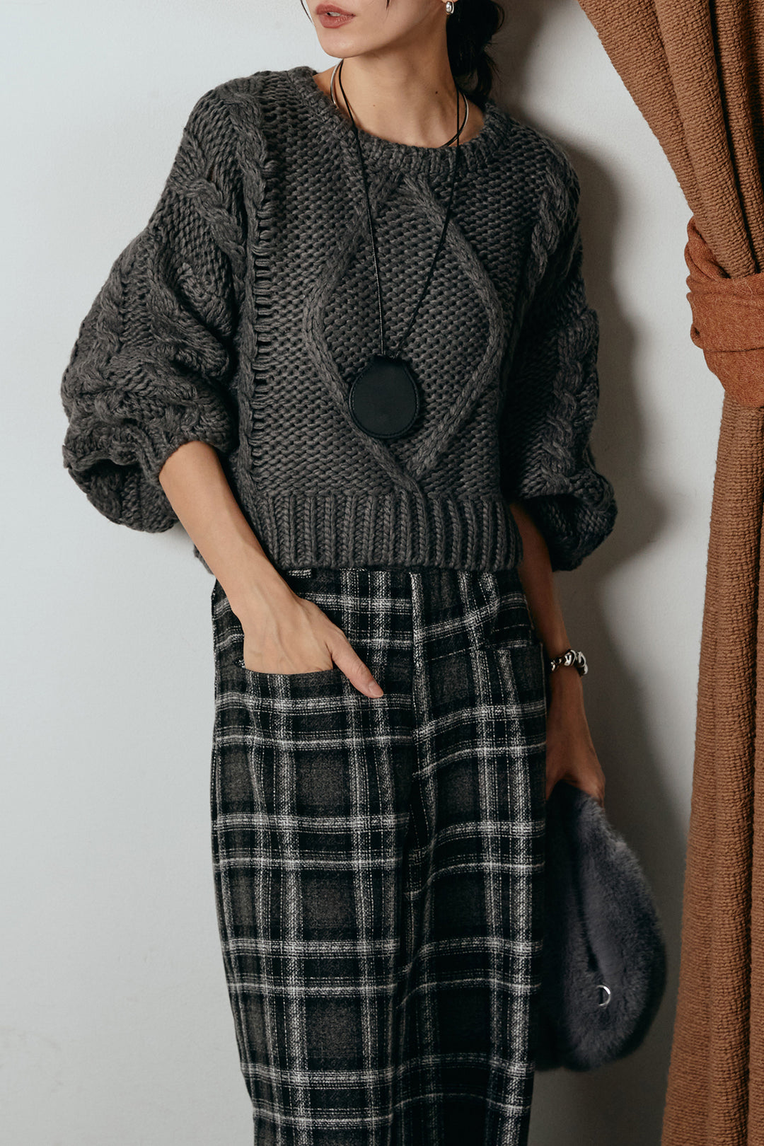 [SET]ロービングケーブルショート丈プルオーバー+ルーズタータンチェックワイドパンツ(2set)